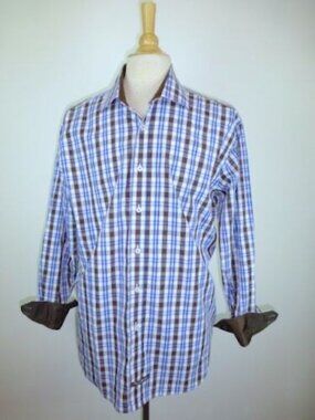 English Laundry Shirt 17 L blue PLAID long sleeve 100% cotton contrast cuff